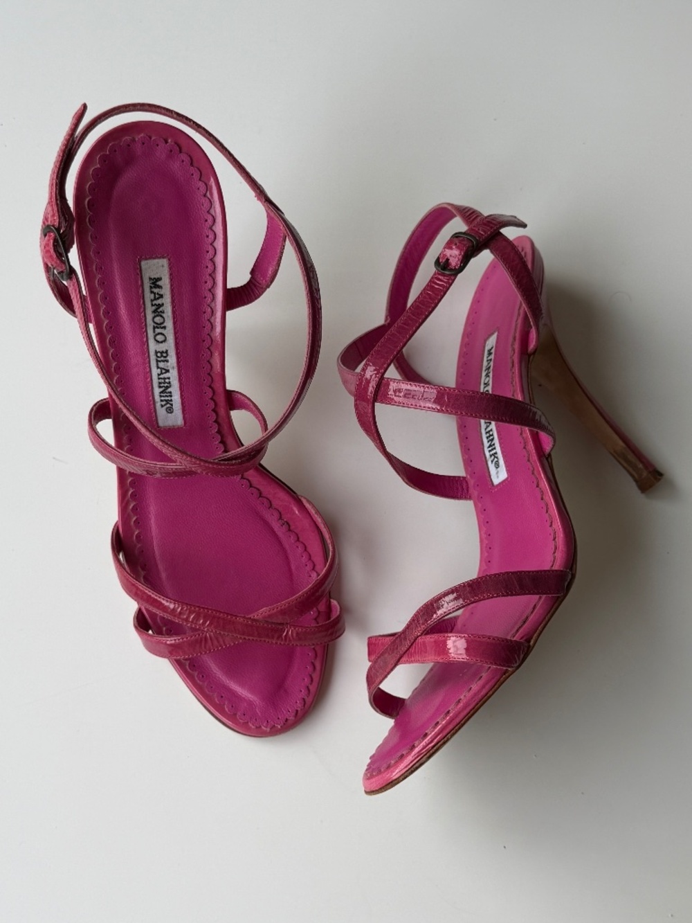 Vintage Manolo Blahnik hot pink patent leather strappy sandals, IT 37 (6.5-7)